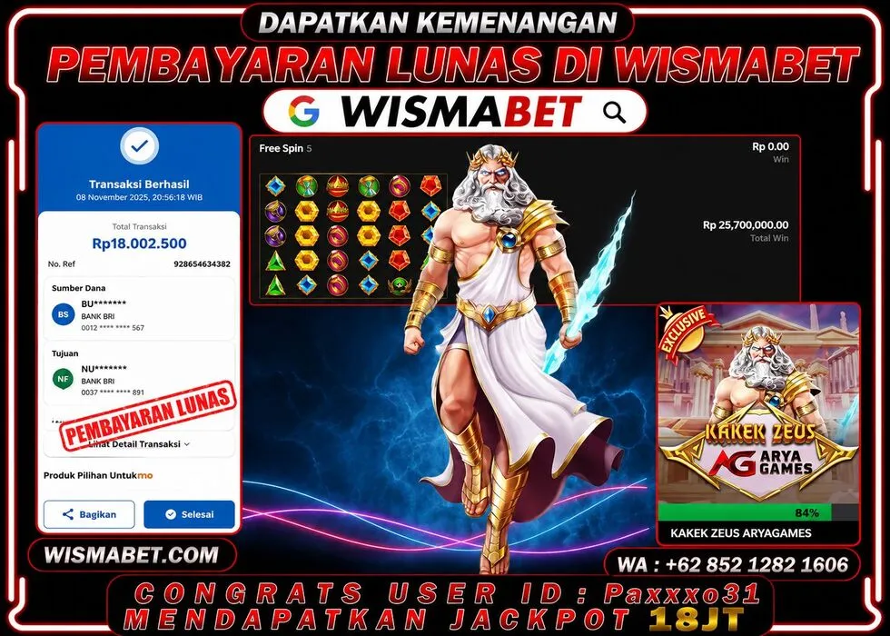 Wismabet - BUKTI KEMENANGAN KAKEK ZEUS ARYA GAMES Rp18,005,000,- LUNAS